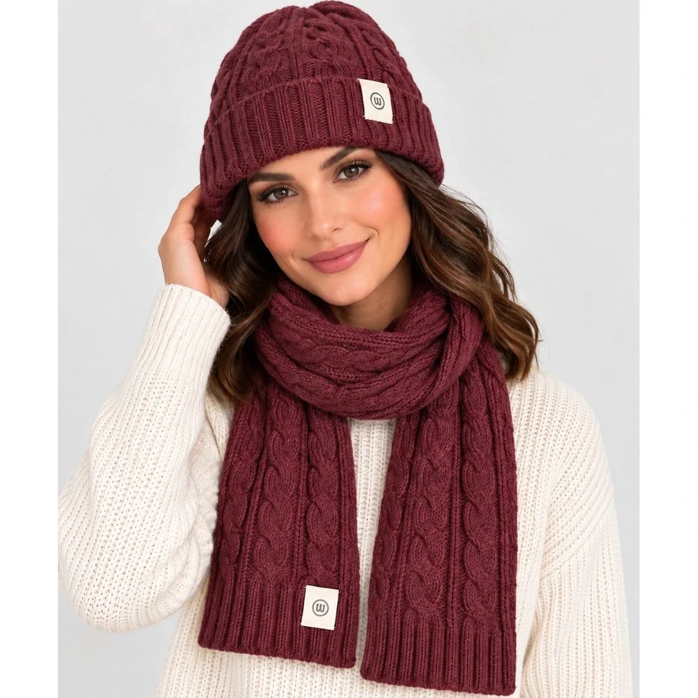 Wantable Womens Cable Knit Wool Blend Beanie Scarf 2 Piece Set Burgundy Chunky